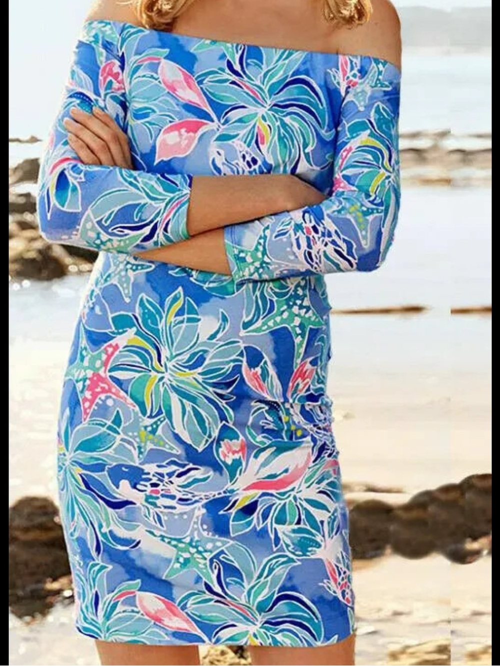 Lilly Pulitzer Laurana Off the Shoulder Dress Medium Blue Bennett Celestial Seas